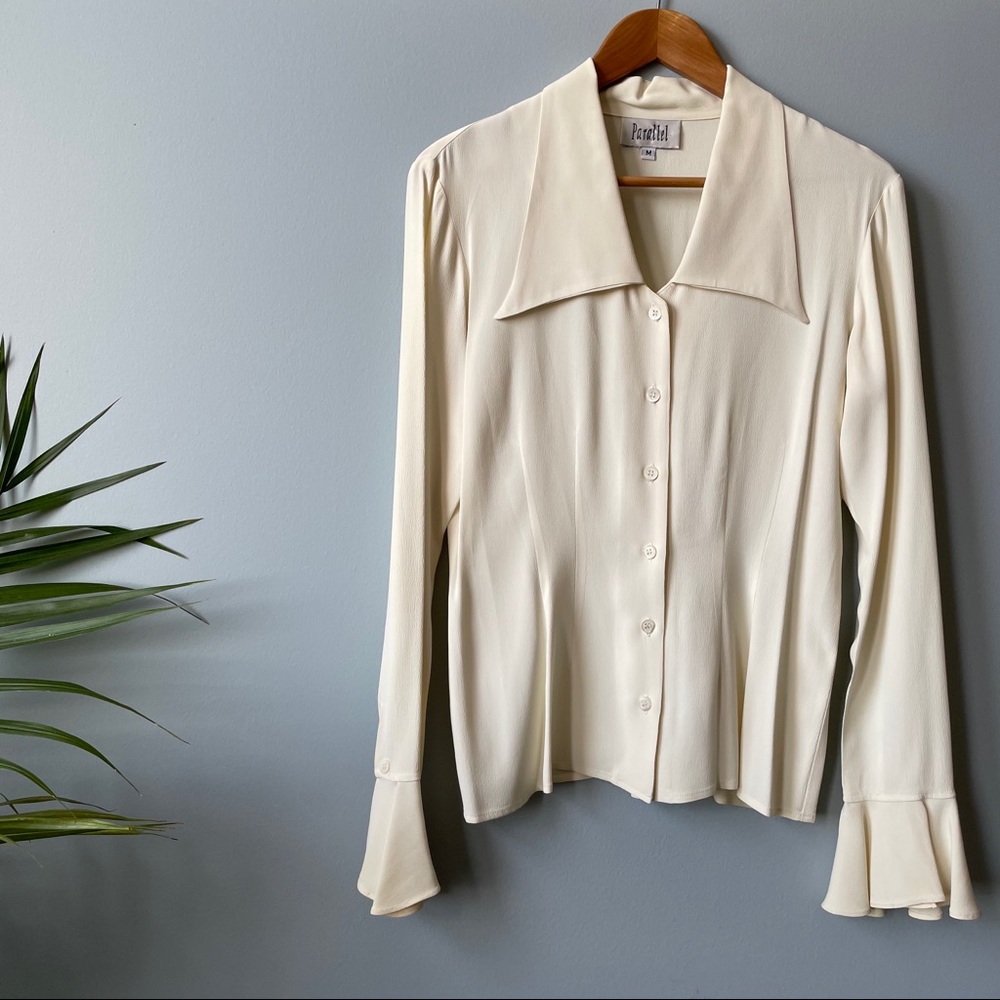 Vintage Y2K Neutral Wide Collar Tailored Shirt - Picture 1 of 9
